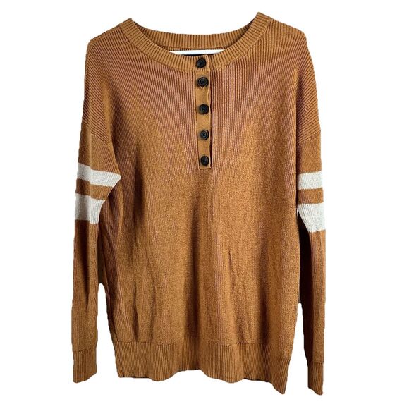 American Eagle Small Sweater Mustard Yellow Button V Neck Striped Dolman Sleeve - Picture 1 of 14